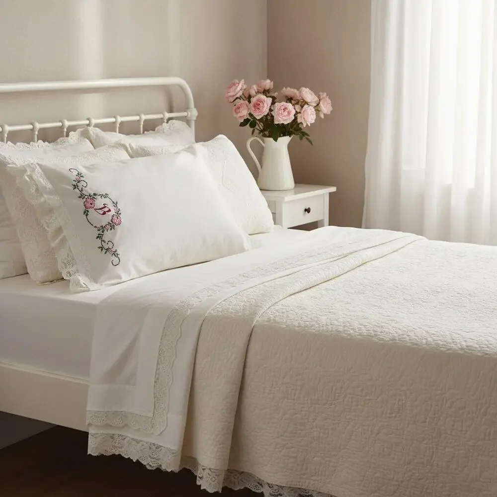 Vintage Embroidered Monogram B Pillowcase-Lace Edge-Cottagecore-Standard White